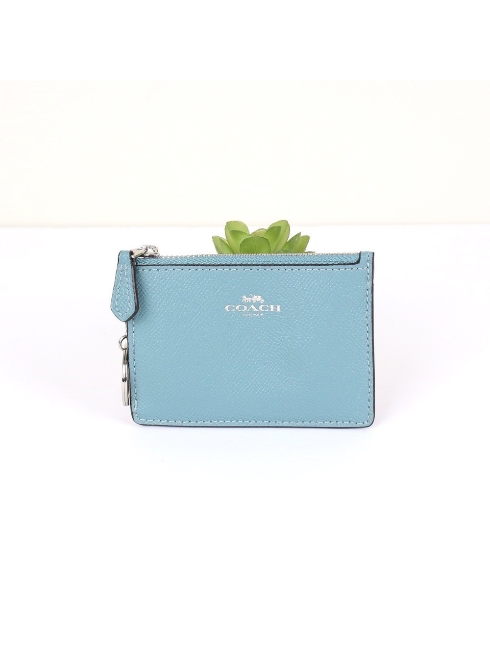 Coach Mini Skinny ID Case Crossgrain Leather Blue Wallet Keychain F12186